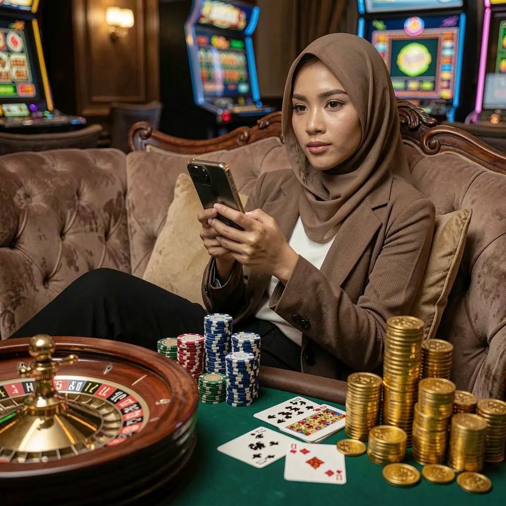 Elegant Indonesian woman relaxing on a sofa while using the 888 FW casino app surrounded by glowing casino symbols and gold coins