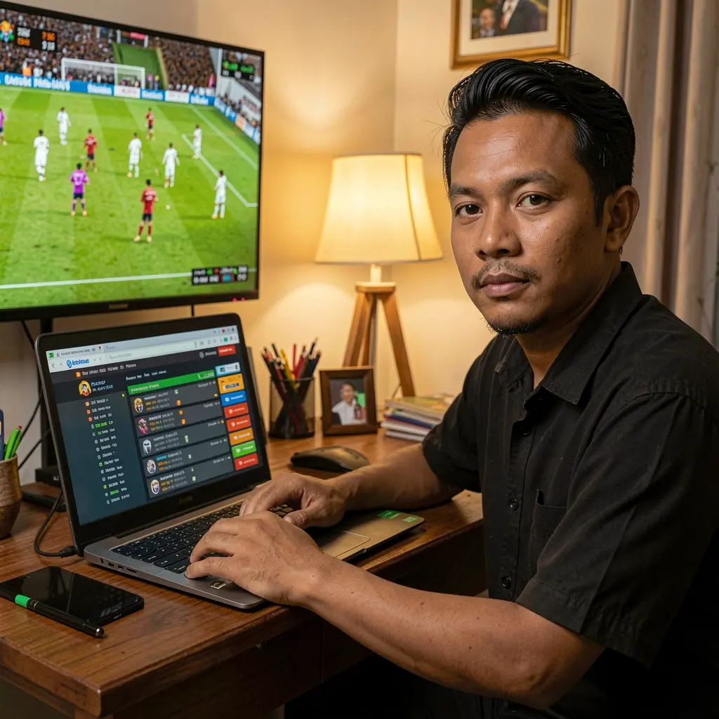 Focused Indonesian sports bettor watching a live soccer match on TV while placing online bets through the 888 FW platform on a laptop