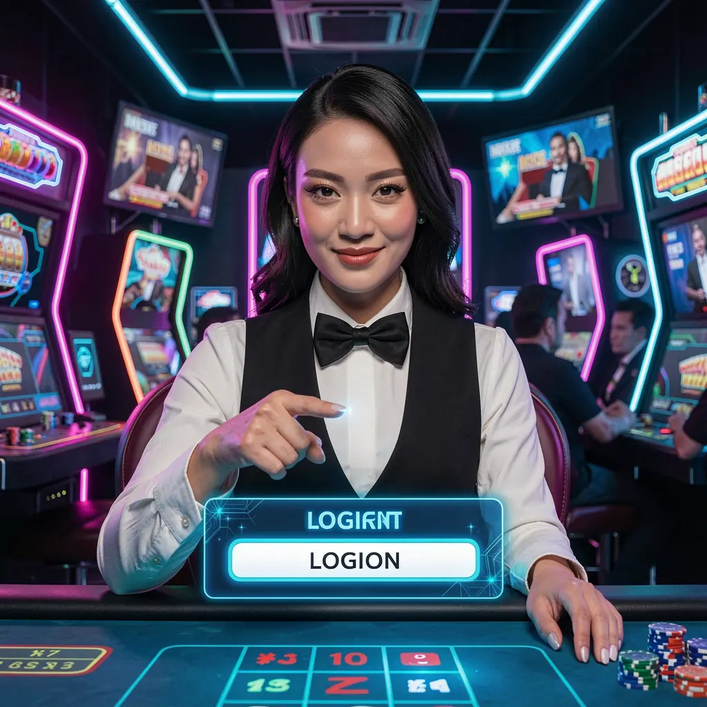 Confident Indonesian casino hostess pointing at a glowing digital login button with neon lights showcasing advanced security on 888 FW